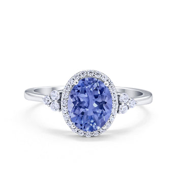 Halo Art Deco Oval Engagement Ring Simulated Tanzanite CZ 925 Sterling Silver
